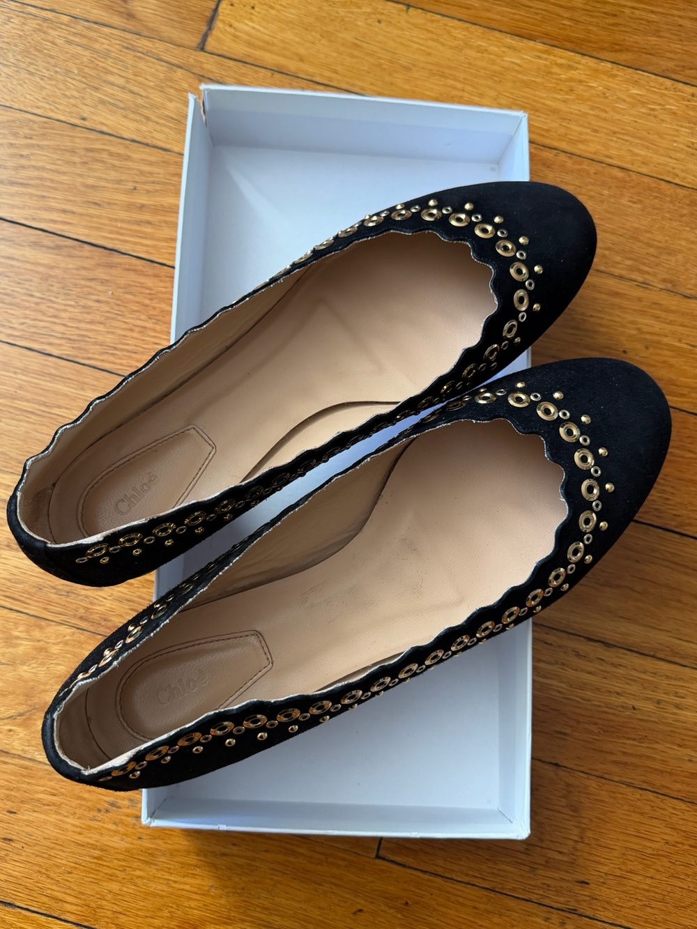 Chloe Black Suede Scalloped Flats with Gold Eyelet Detail